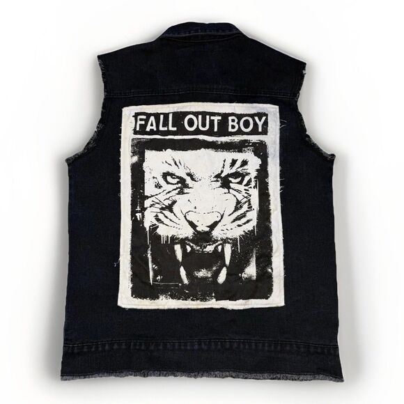Fall Out Boy ManHead 2014 Denim Vest Medium Black Biker Sleeveless Punk Rock - Picture 1 of 16